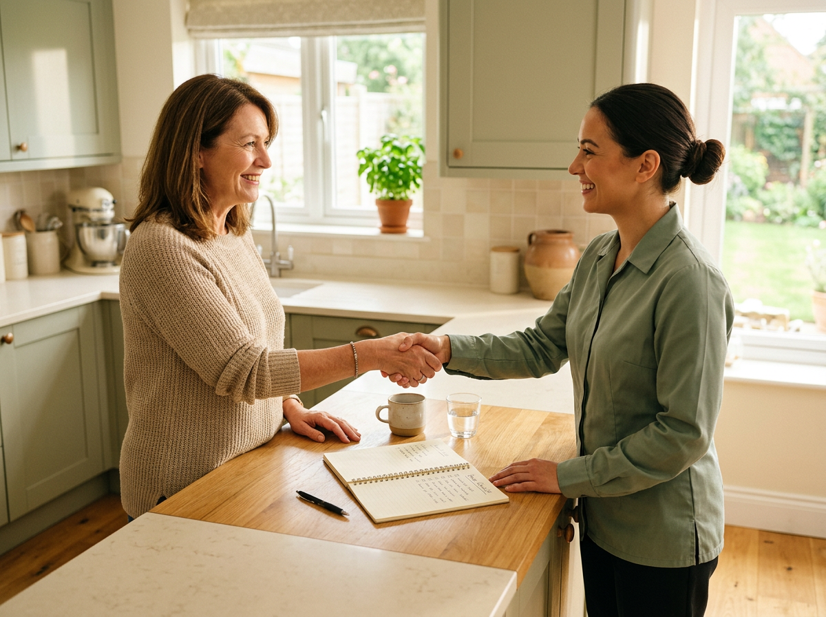 Homeowner and household helper shaking hands at a bright kitchen counter