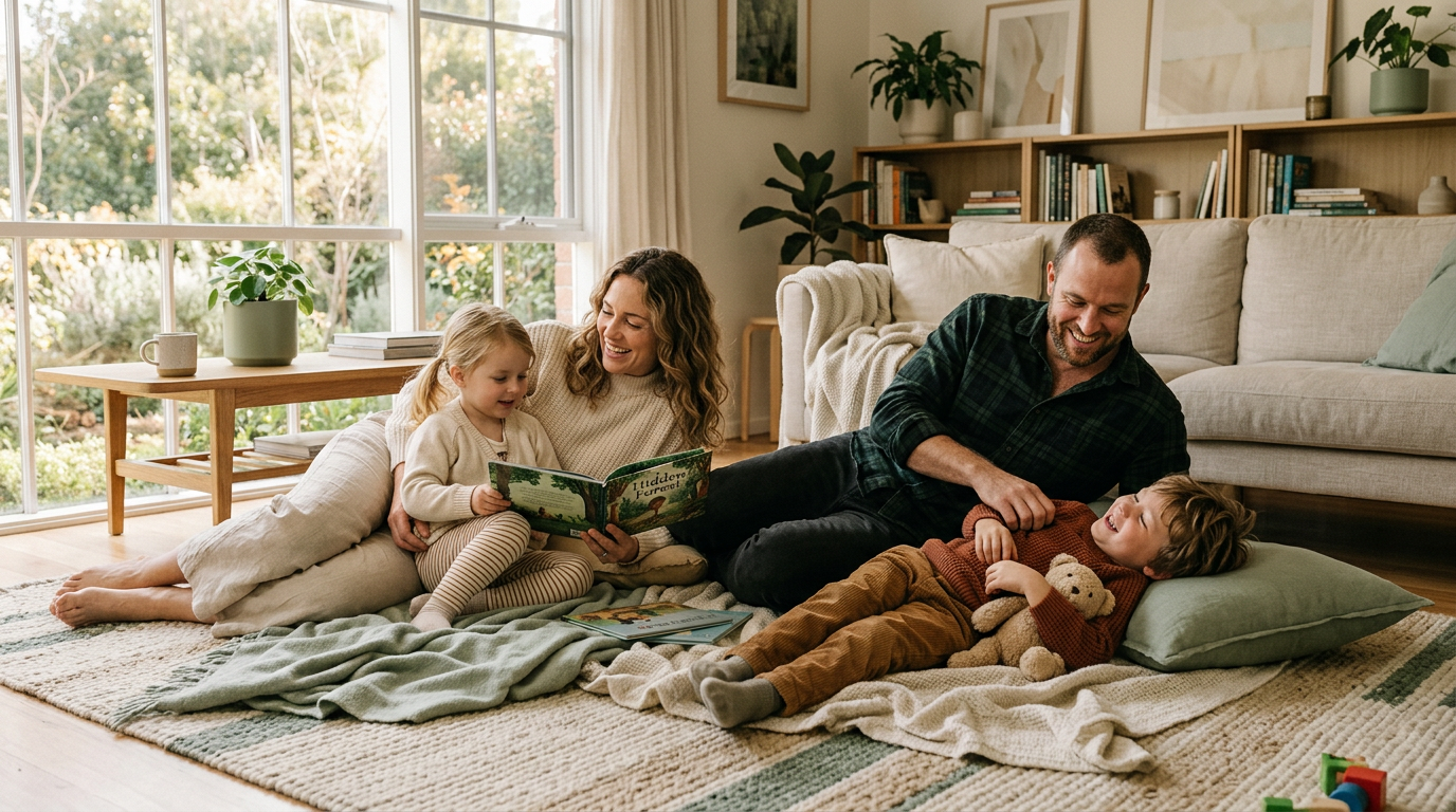 Family relaxing together on a rug in a tidy living room