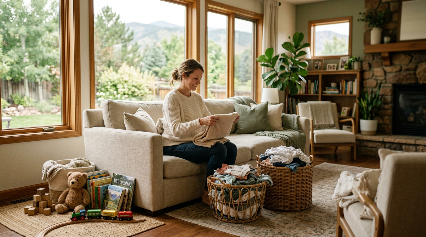 Parent folding fresh laundry in a sunlit Colorado family living room