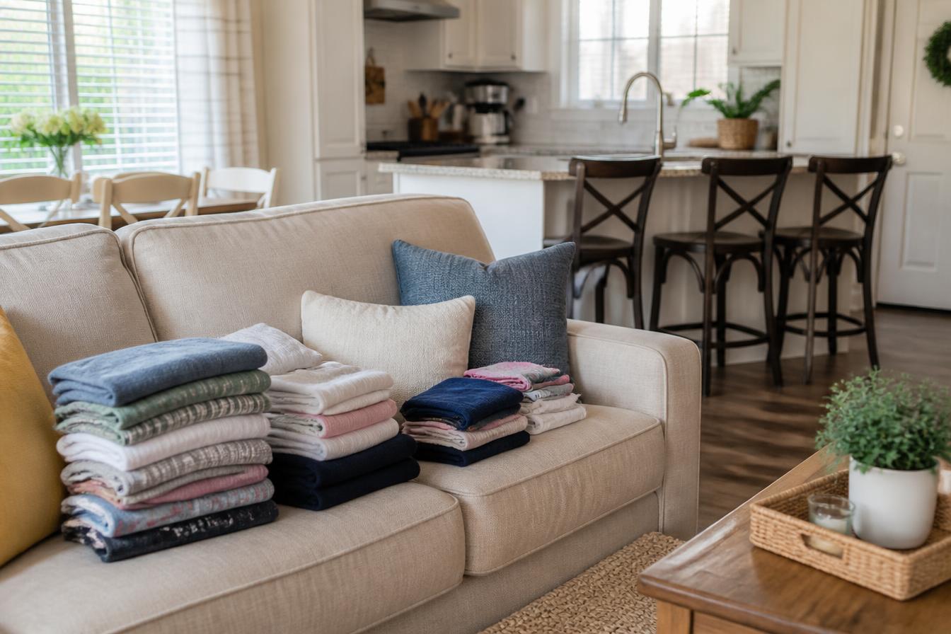 Household helper tidying a bright living room and carrying folded laundry