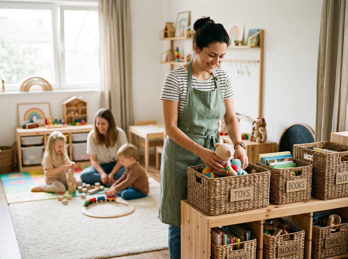 Village Helper organizing children's toys into labeled baskets while a parent plays with the kids in a bright playroom