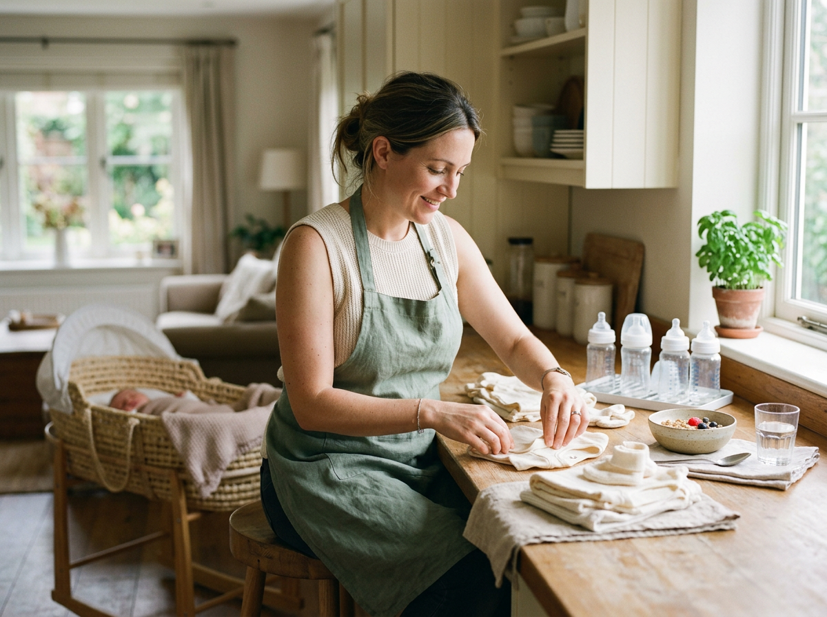 Village Helper folding soft baby laundry beside clean bottles and a bassinet in a calm bright kitchen