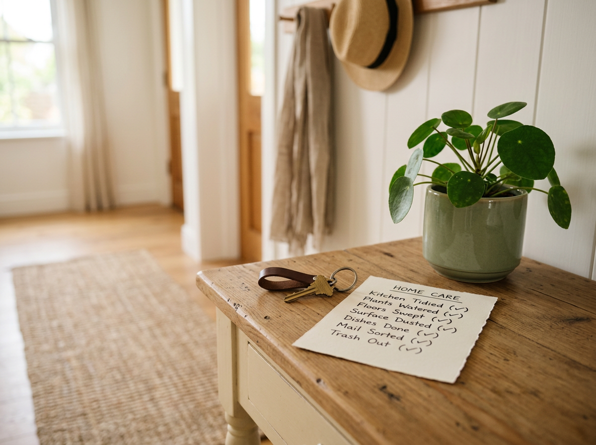 House keys and a handwritten home care checklist on an entryway table